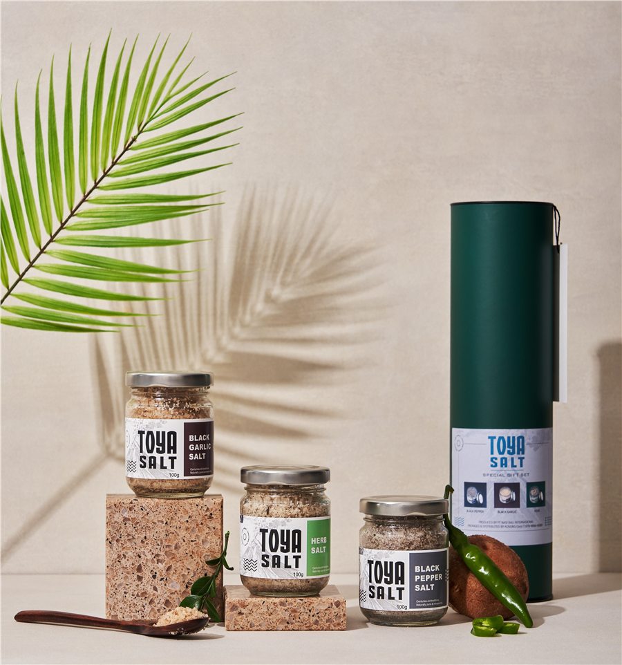 TOYA SALT gift set — black garlic salt, herb salt and black pepper salt in 100g jars